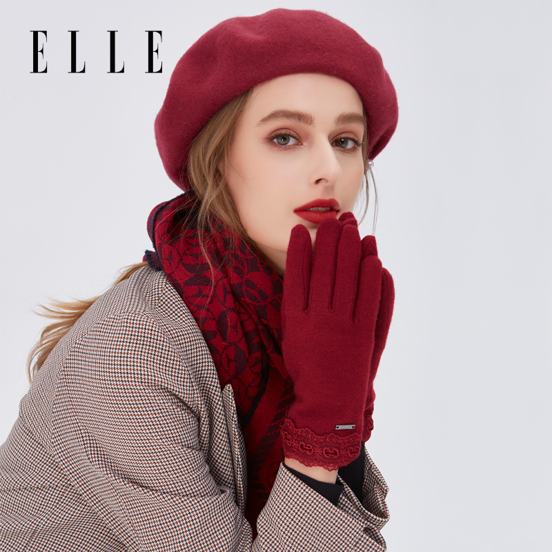 ELLE法式羊毛手套女冬季新款骑行开车加绒加厚保暖可触屏刺绣手套