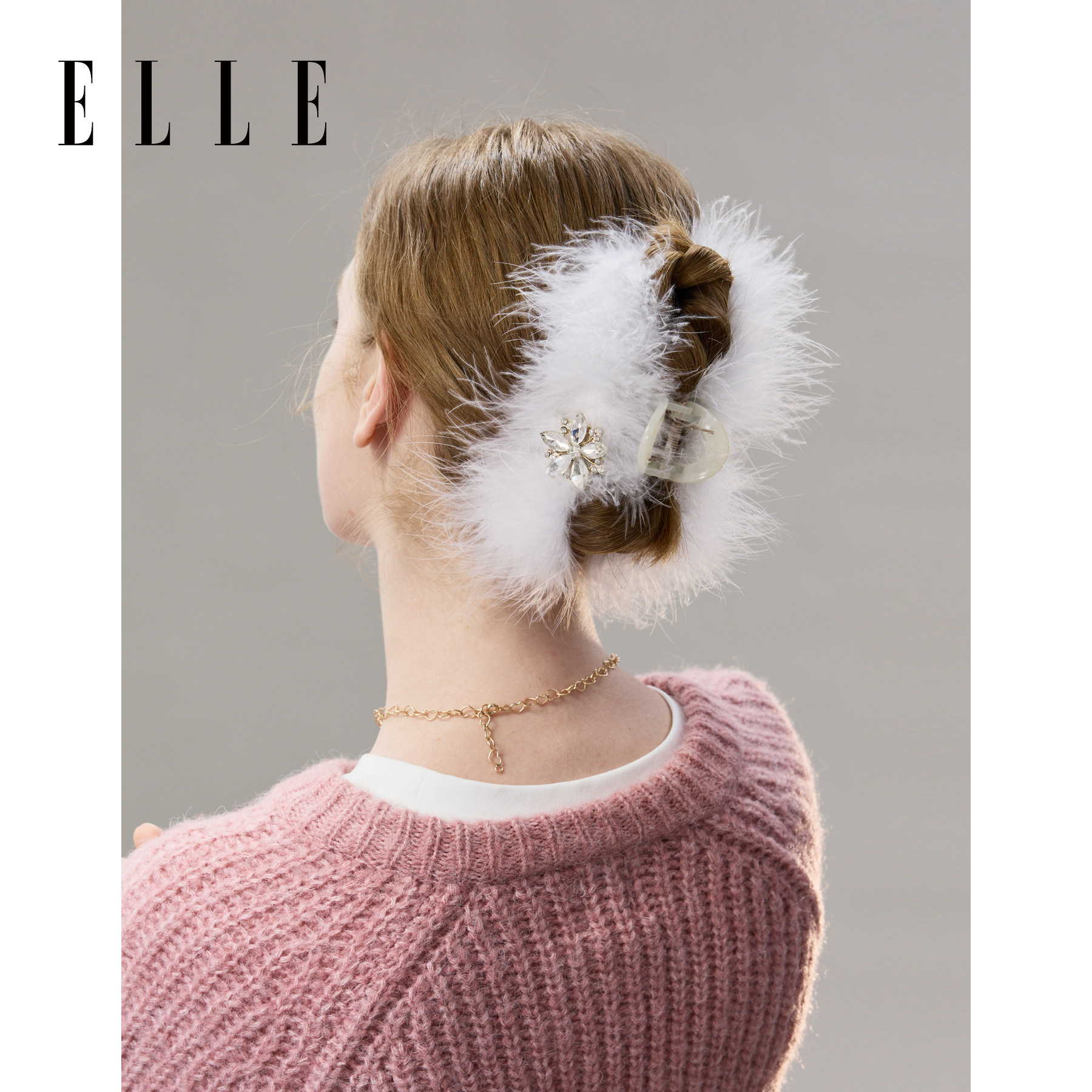 ELLE仿钻饰羽毛发夹女新款高级感发饰发捆洗脸头饰后脑勺大号抓夹
