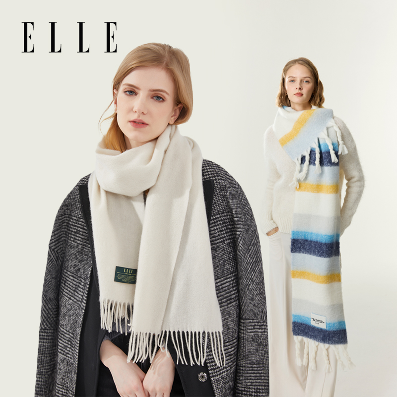 ELLE围巾女秋冬季大红色户外百搭时尚彩虹围脖可触屏保暖分指手套