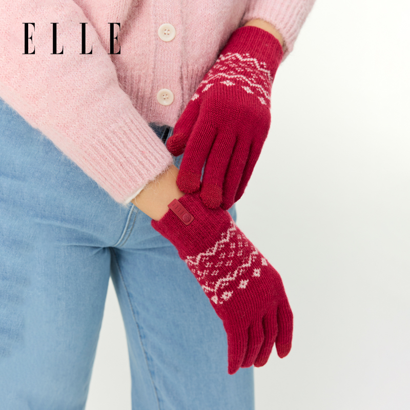ELLE红色羊毛毛线针织手套女士秋冬季户外保暖百搭可触屏分指开车