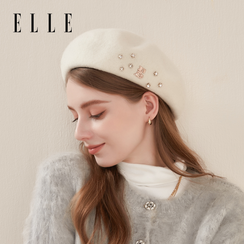 ELLE100%羊毛贝雷帽女士秋冬季户外时尚百搭优雅报童蓓蕾南瓜帽子