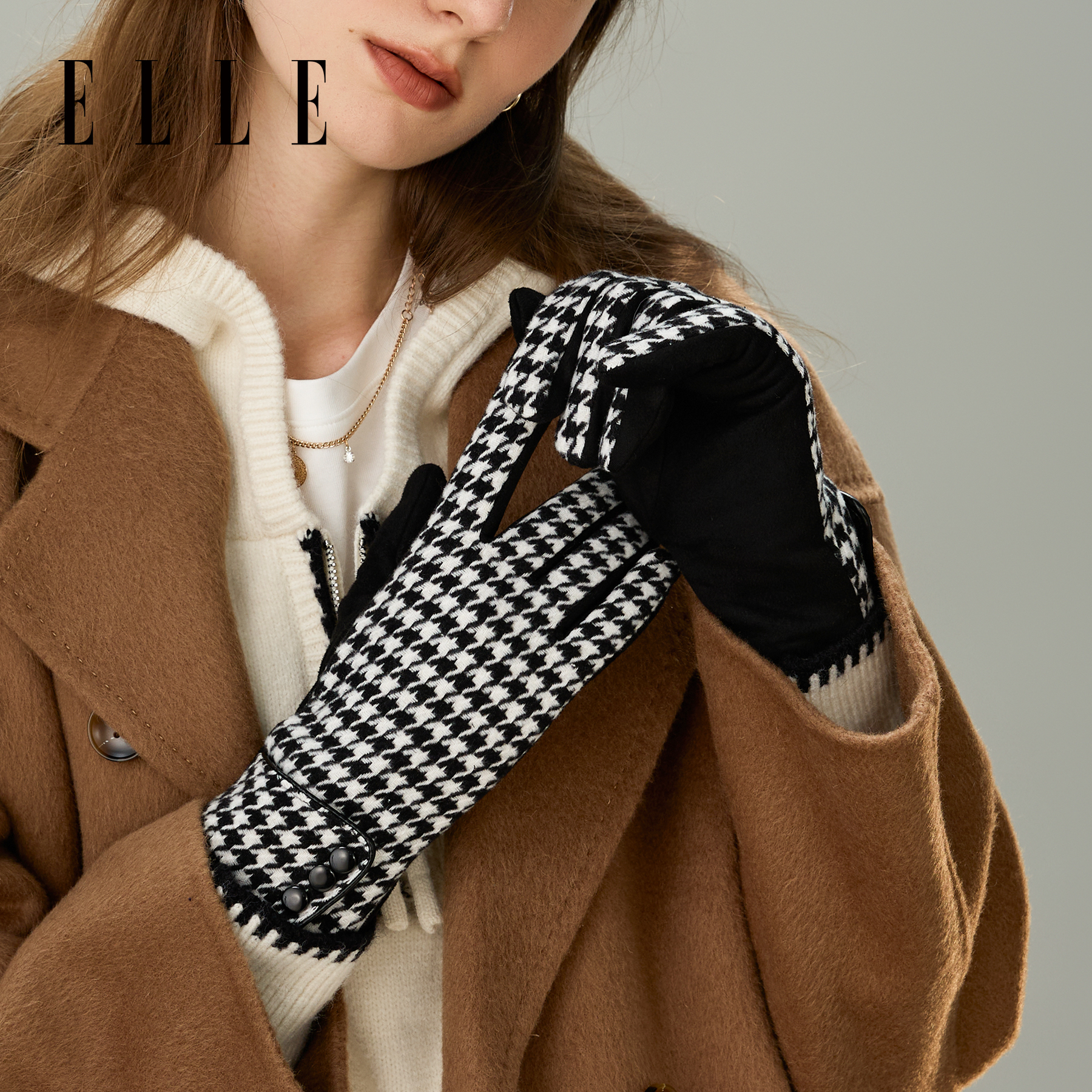 ELLE千鸟格手套女士秋冬户外保暖加绒加厚分指可触屏开车时尚新款