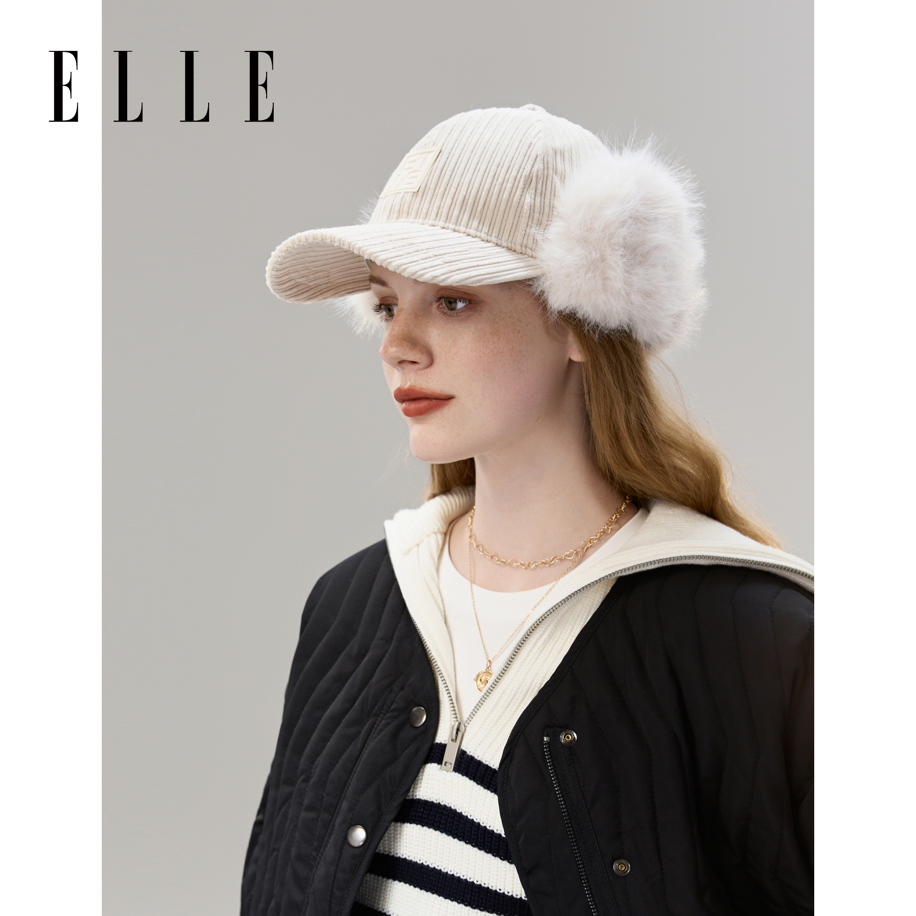 ELLE灯芯绒护耳棒球帽女