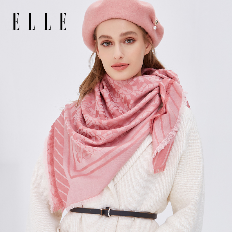 ELLE提花大方巾女秋冬季羊毛真丝