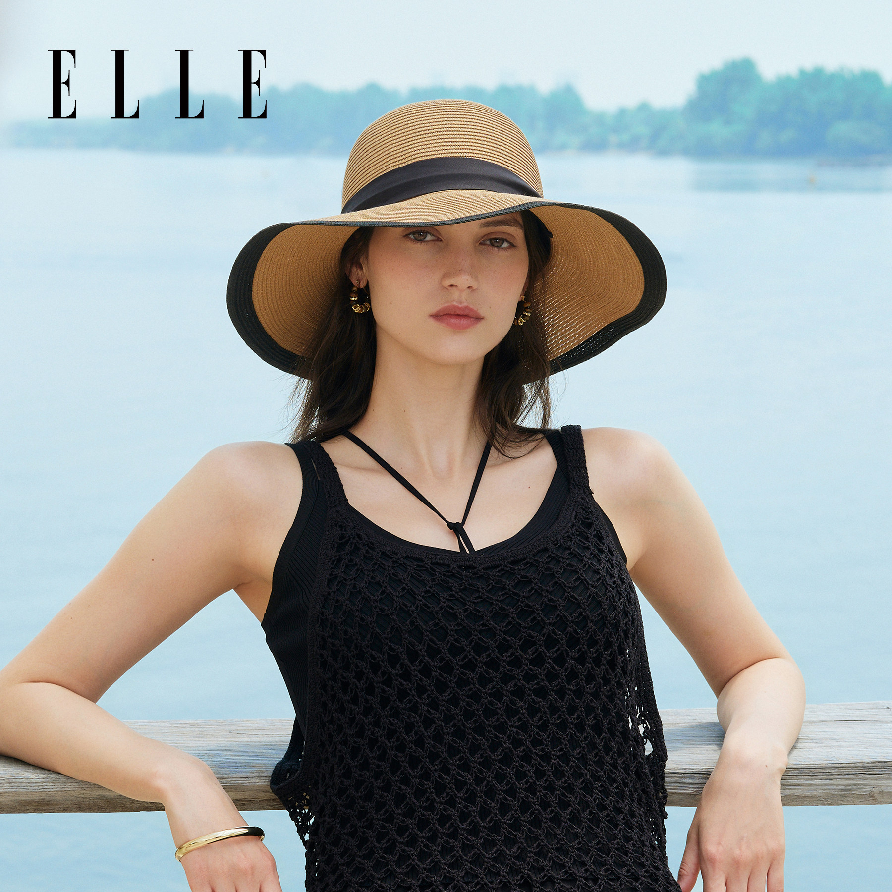 ELLE女士大檐草编沙滩帽图片