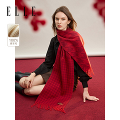 ELLE100%绵羊毛围巾女冬保暖送礼礼盒装千鸟格红色送礼围脖礼盒装