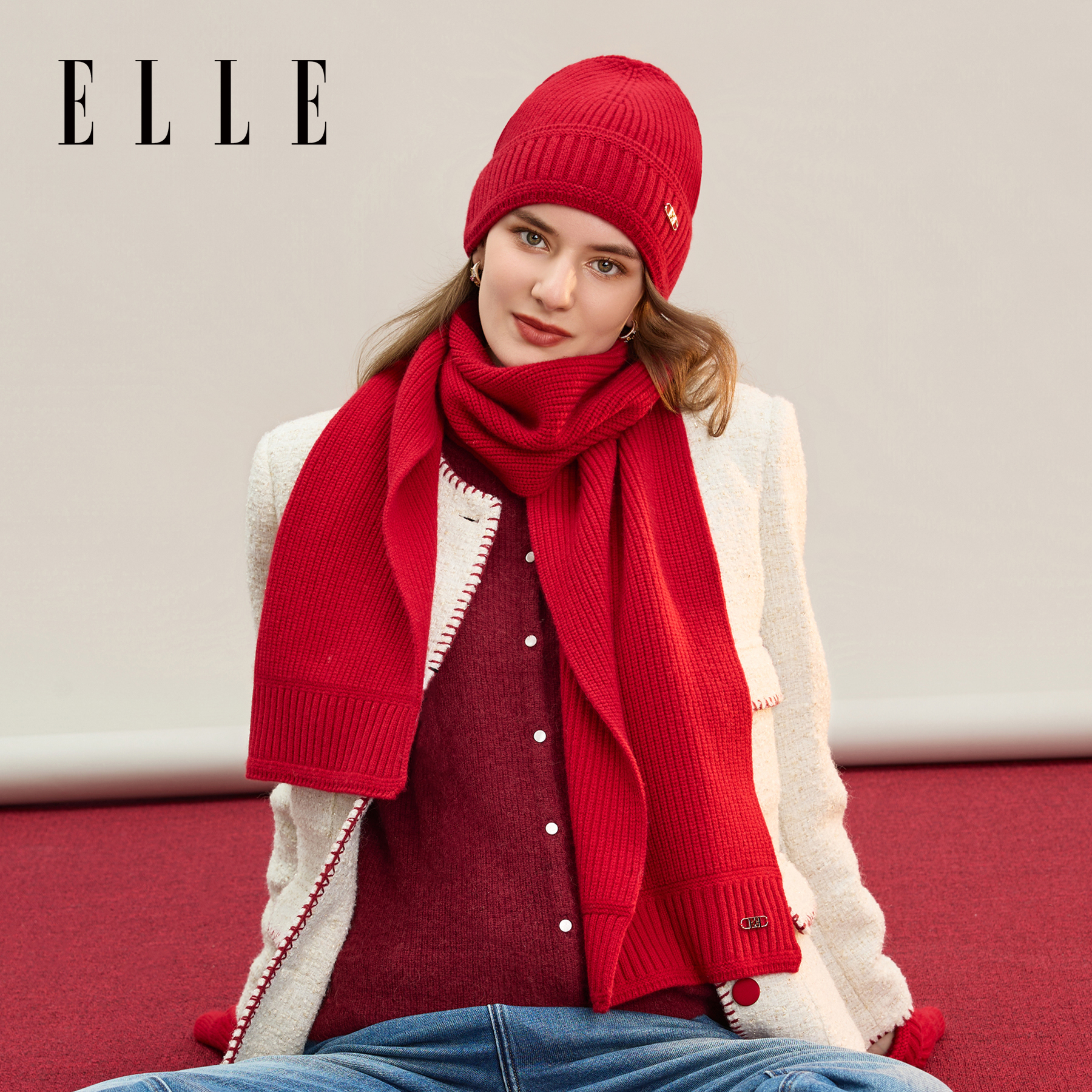ELLE羊毛针织围巾女送礼