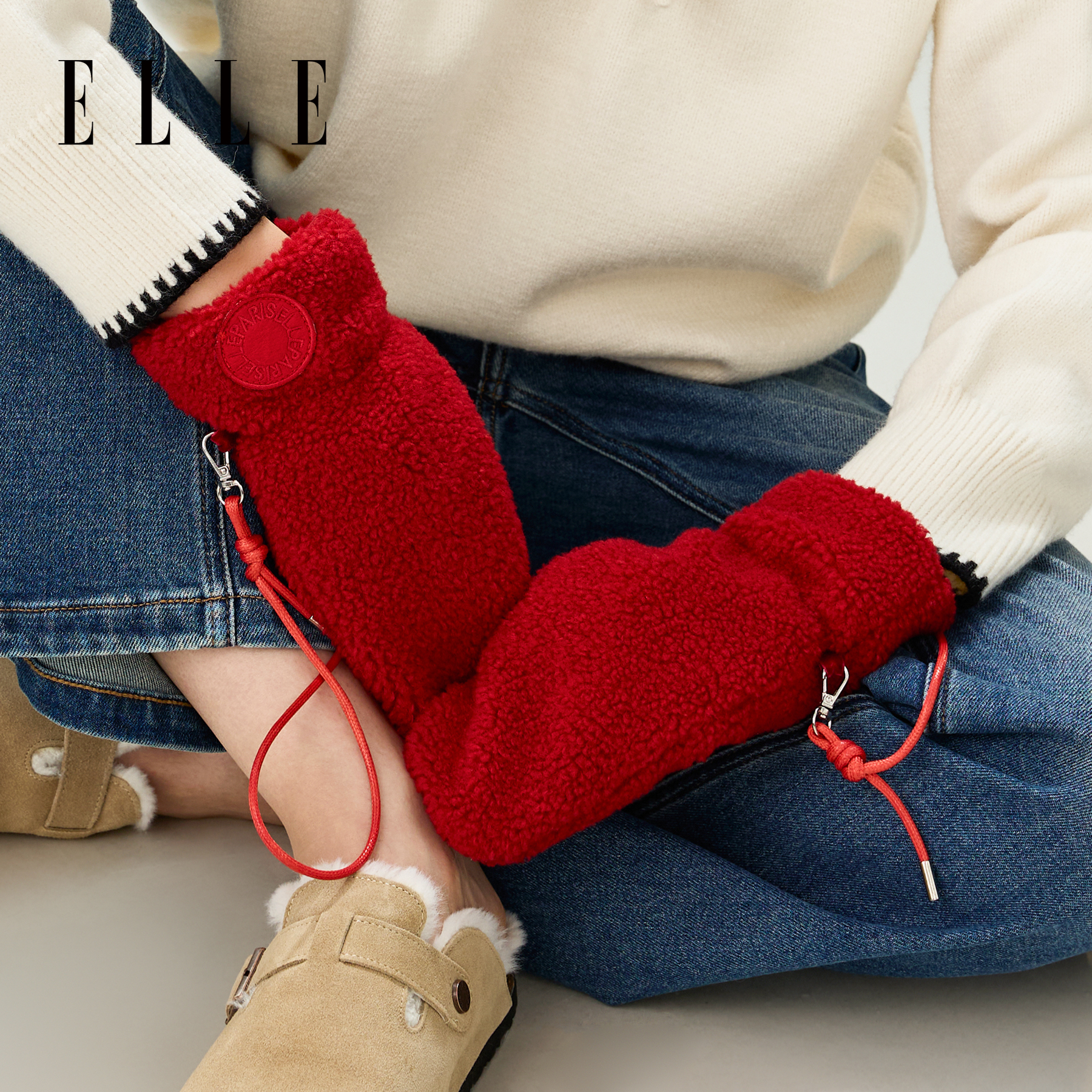 ELLE红色羊羔绒毛绒手套女秋冬季户外保暖连指泰迪绒加绒加厚新年