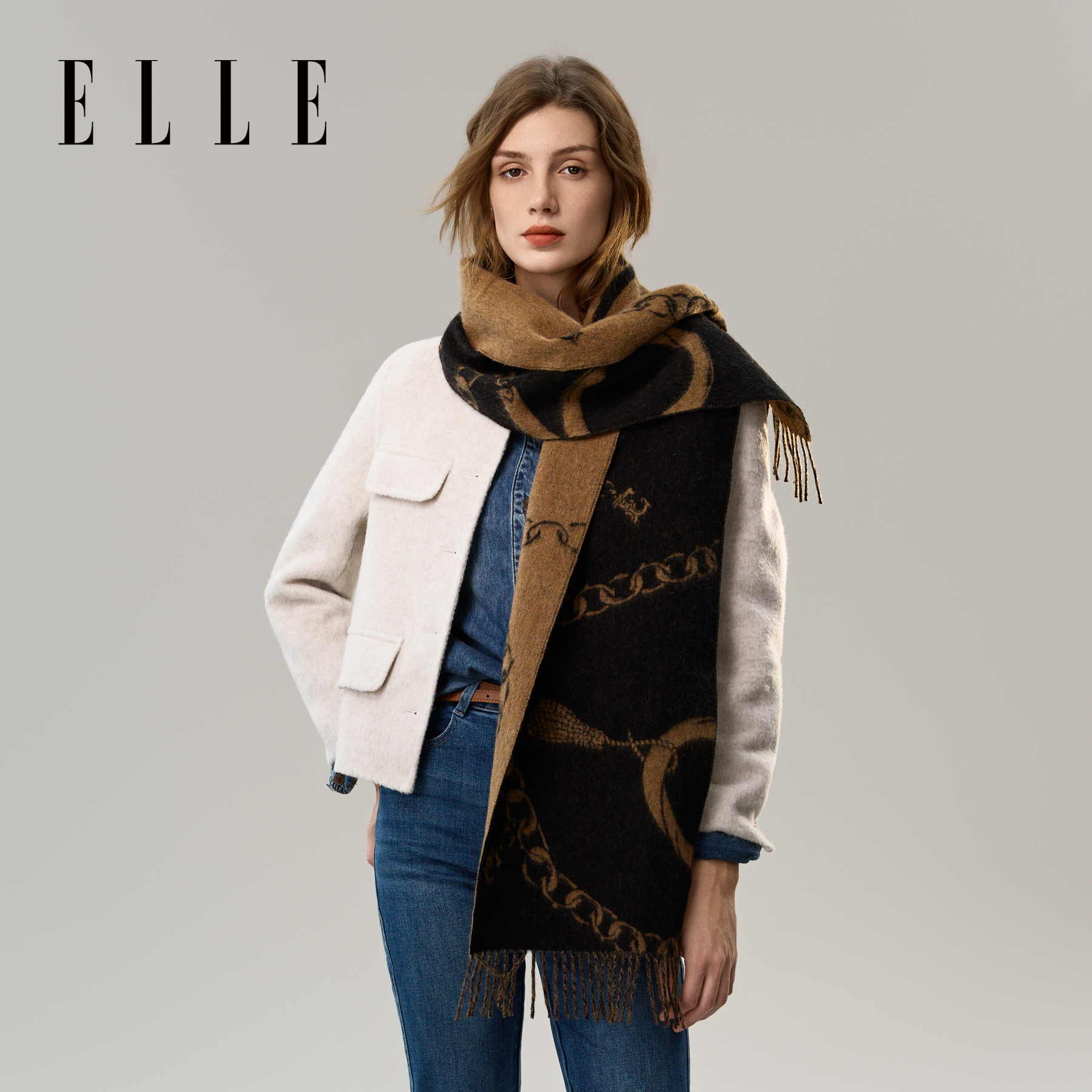 ELLE100%绵羊毛围巾女士秋冬季