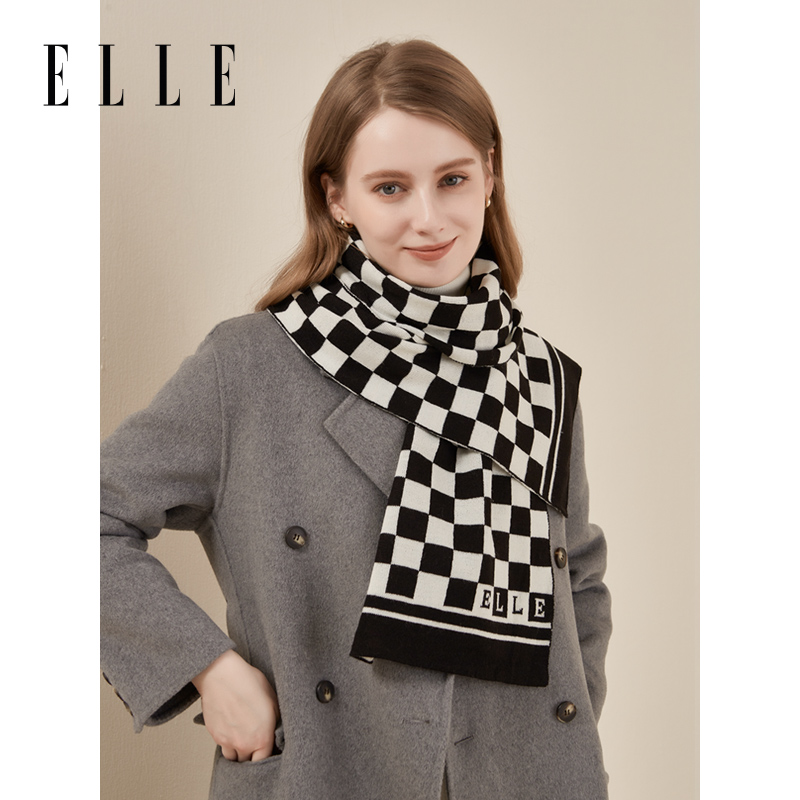 elle法式棋盘格子羊毛针织围巾女