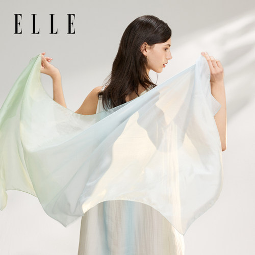 ELLE桑蚕丝渐变丝巾女士新款围巾时尚百搭真丝长巾披肩送礼礼盒装