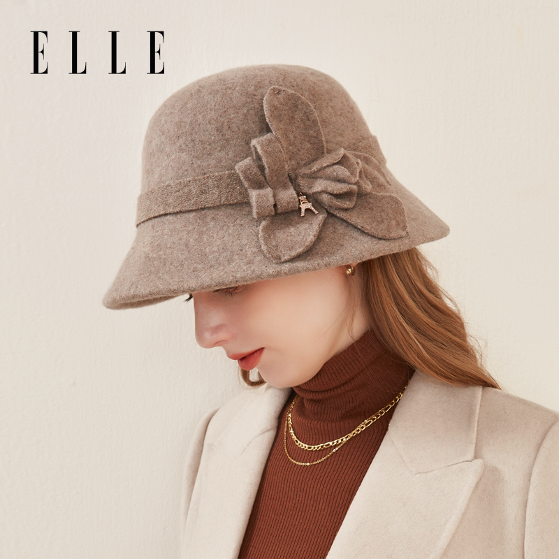 ELLE羊毛渔夫帽女士秋冬季户外时尚百搭花朵造型定型帽子优雅盆帽