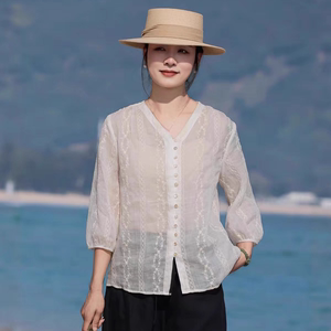 2026春夏新款 苎麻V领开襟九分泡泡袖上衣 刺绣女衬衫防晒衫