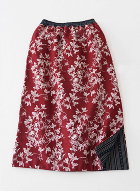 原创国风双色提花两穿直筒半裙 复古显瘦侧高叉夹棉半身裙B25407