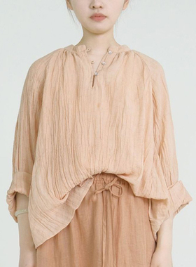 原创复古早秋炒色皱麻长袖衬衫 文艺休闲做旧宽松立领上衣S23189