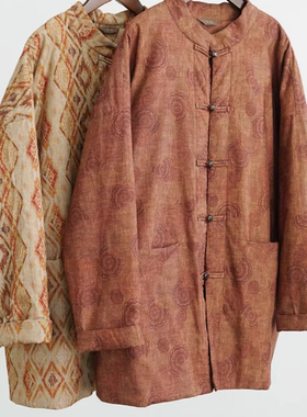 原创复古新中式盘扣保暖加厚外套 怀旧磨毛中长款宽松棉衣M25327