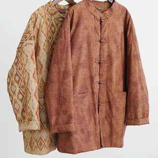 原创复古新中式盘扣保暖加厚外套 怀旧磨毛中长款宽松棉衣M25327