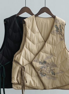 原创新中式刺绣轻薄款羽绒马甲女复古V领90白鸭绒宽松背心W24366