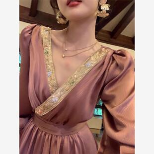 神女赫拉 法式重工V领绝美缎面连衣裙高级感春秋长袖裙子超仙裙