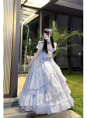 蓝色成人礼服大花嫁lolita连衣裙op洛丽塔华丽在逃蓬蓬拖尾公主裙