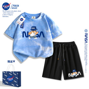 t恤扎染纯棉两件套 NASA男童夏装 套装 2024新款 中大童运动夏季 短袖