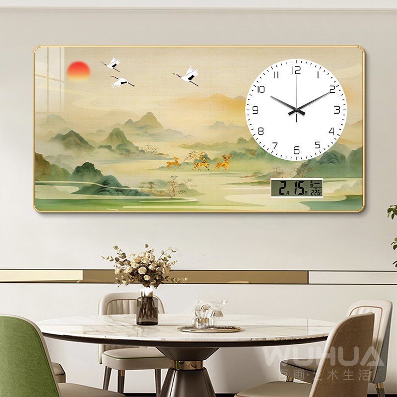 静音电子钟表挂钟餐厅装饰画万年历客厅时钟挂画新中式山水画壁画