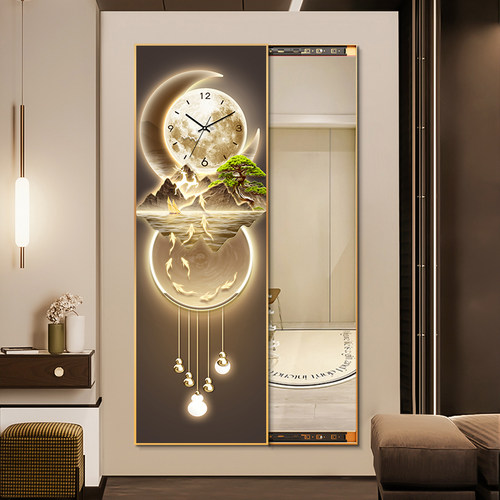 可推拉式带时钟表挂墙全身镜玄关装饰画创意隐形穿衣镜挂画试衣镜