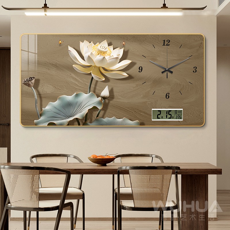 荷花新中式饭厅装饰画现代简约客厅钟表挂钟电子万年历时钟挂墙画