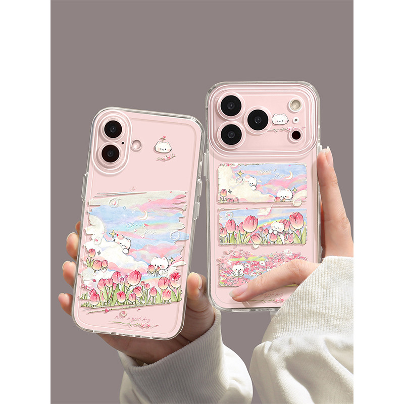 郁金香小猫适用苹果17手机壳新款iphone17pro透明16可爱pm带挂绳pro小清新14春天max超火爆款15软12