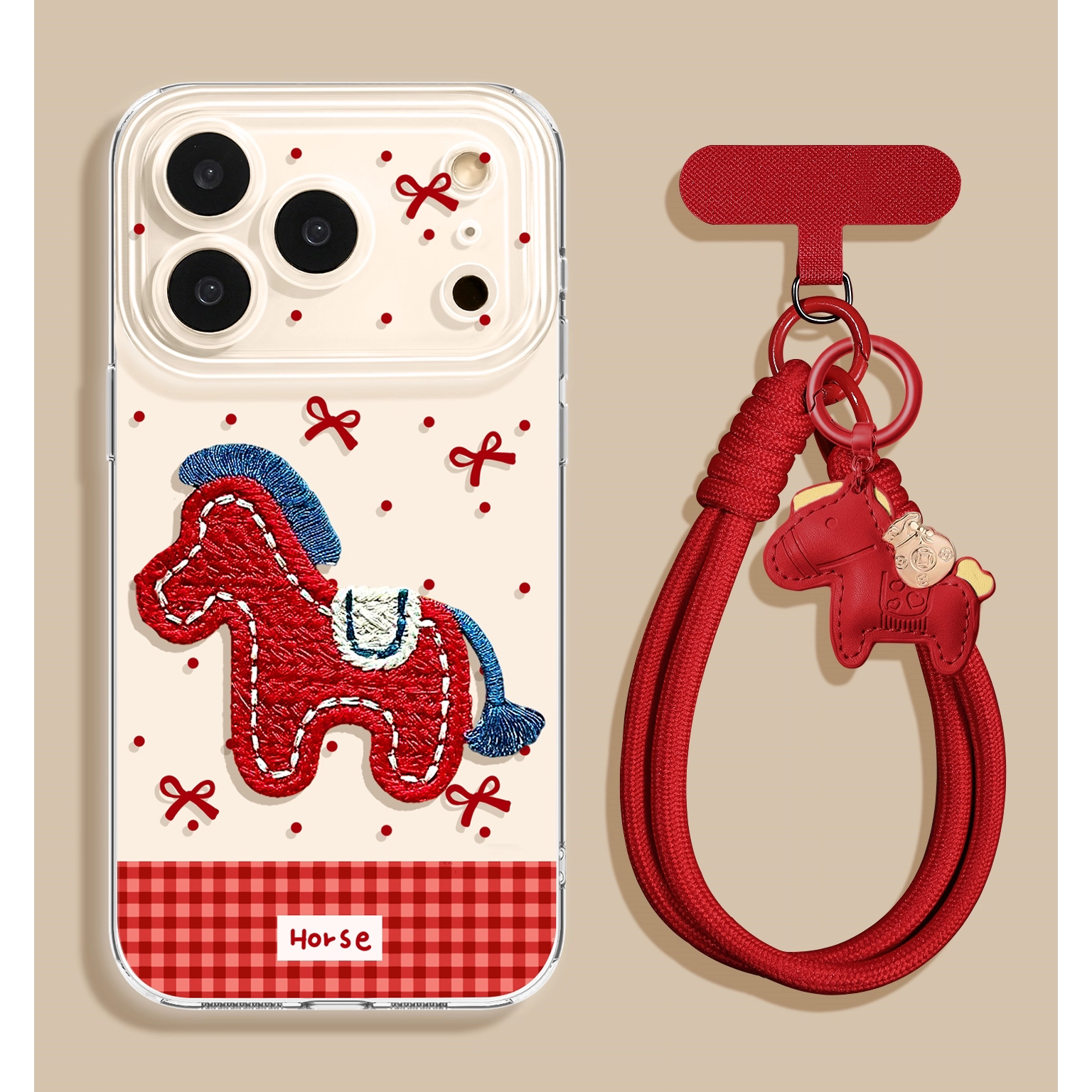 适用苹果17promax手机壳带挂绳17可爱16promax个性15pro本命年马年红色透明新年刺绣小马全包防摔保护套