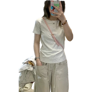 正肩t恤女夏季2024新款韩系chic短款灰色纯棉短袖修身体恤衫上衣