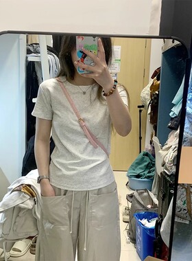 正肩t恤女夏季2024新款韩系chic短款灰色纯棉短袖修身体恤衫上衣