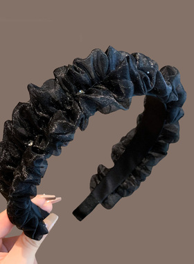 Last kiss 黑色网纱宽边发箍女2025新款高颅顶水钻褶皱泡泡纱头箍