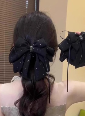 last kiss 黑色蝴蝶结抓夹缎面碎钻马尾夹发夹女后脑勺鲨鱼夹发饰