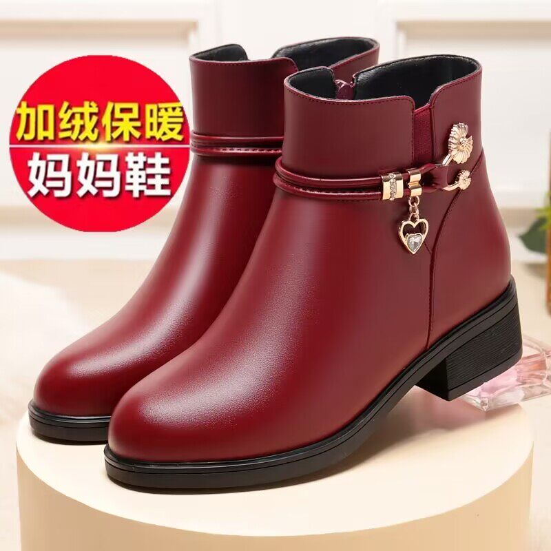 弥尊大东妈妈鞋棉鞋真皮秋冬季加绒加厚女靴子短靴中年中老年皮鞋