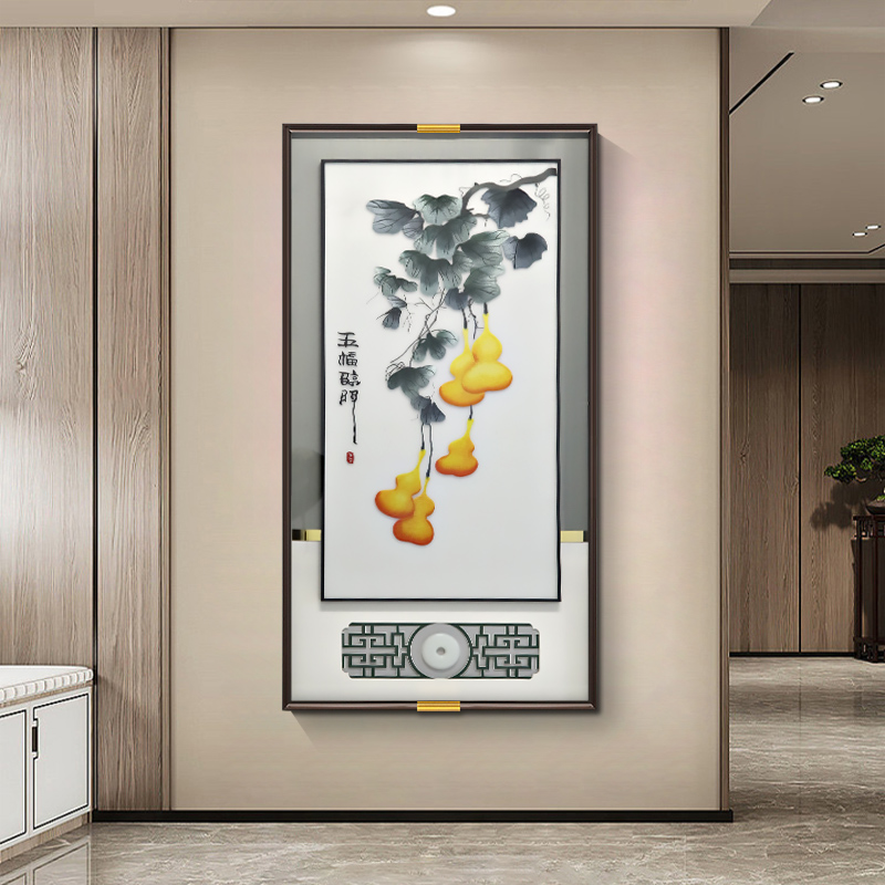 五福临门玄关装饰画新中式高档刺绣挂画苏绣走廊尽头装饰壁画新款