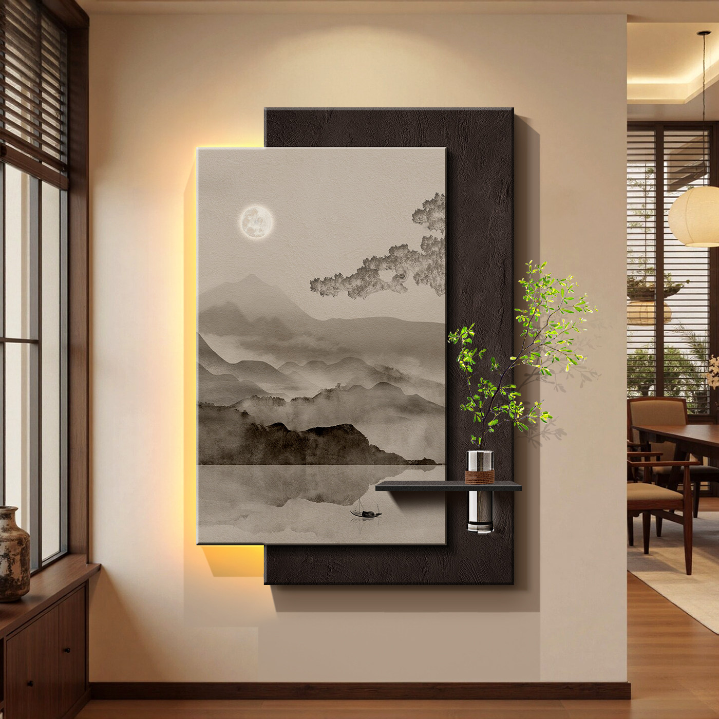 中式玄关装饰画入户门走廊背景墙挂画客厅竖版带灯壁画水墨挂画