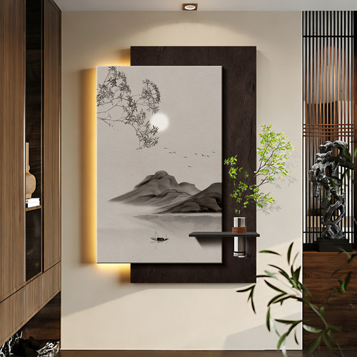 玄关带灯装饰画入户门正对墙挂画水墨山水画中式客厅走廊过道壁灯
