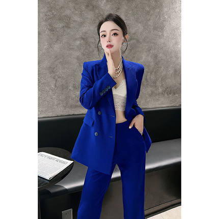 时尚春秋款修显瘦高级感蓝色西装套装名媛气质风微喇西装裤两件套