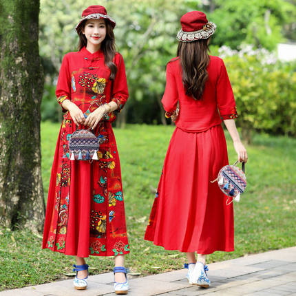 民族风云南度假流行花色棉麻旗袍立领两件套装裙子复古夏秋夏女装