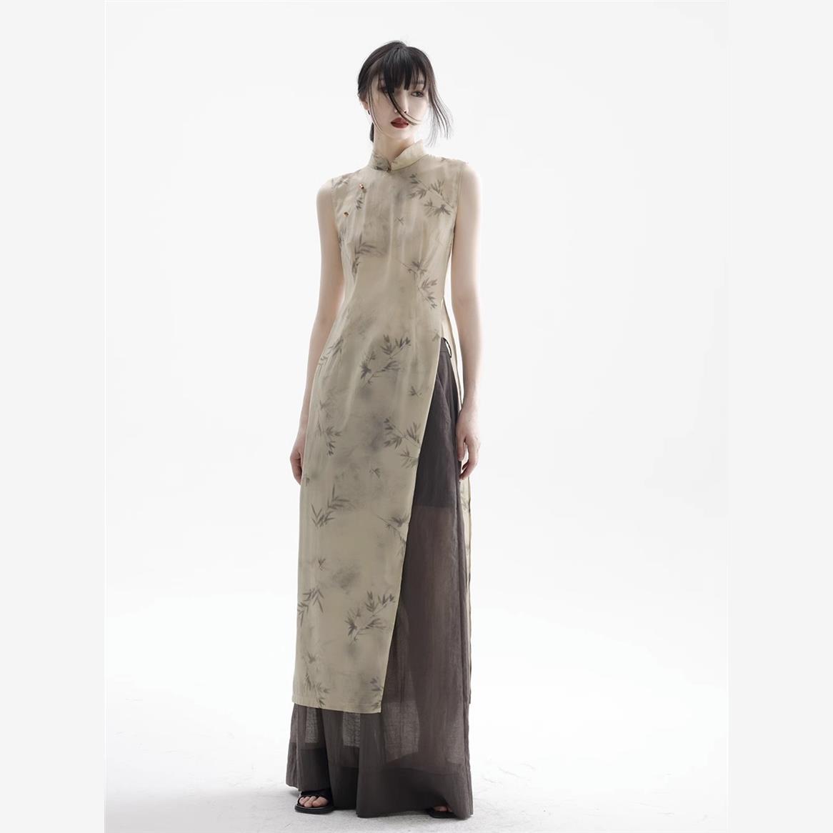 新中式竹影改良高开衩旗