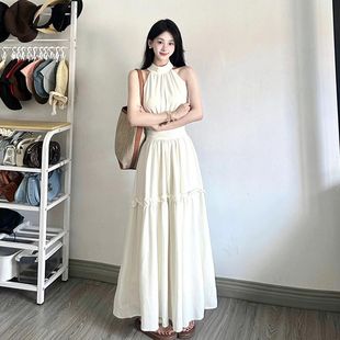 挂脖连衣裙女2025夏季 海边度假风白色无袖 设计感收腰显瘦气质长裙