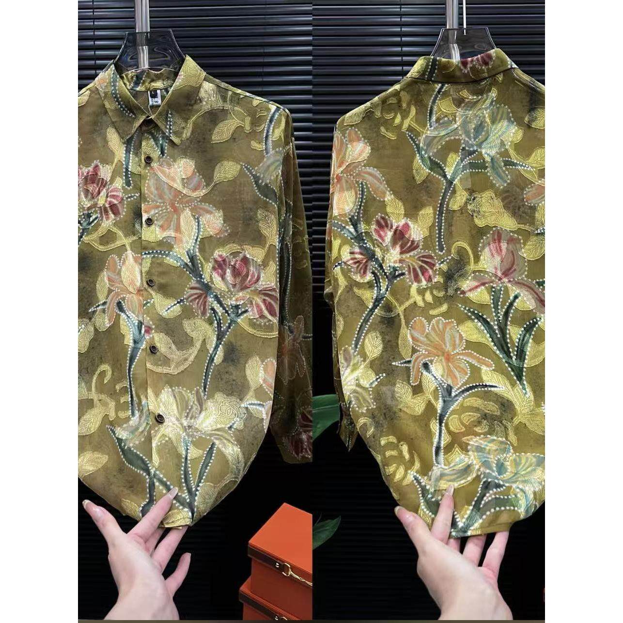 男士春夏新款商务时尚潮流韩版帅气洋气百搭轻奢简约花纹衬衫9053