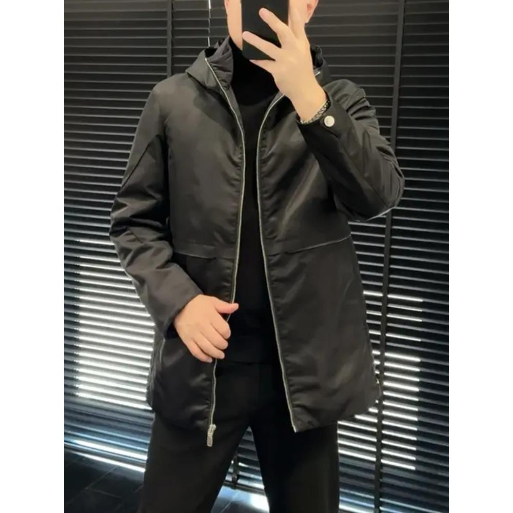 878212秋冬季男士新品连帽中长款拼皮棉服棉外套高品质高级感百搭