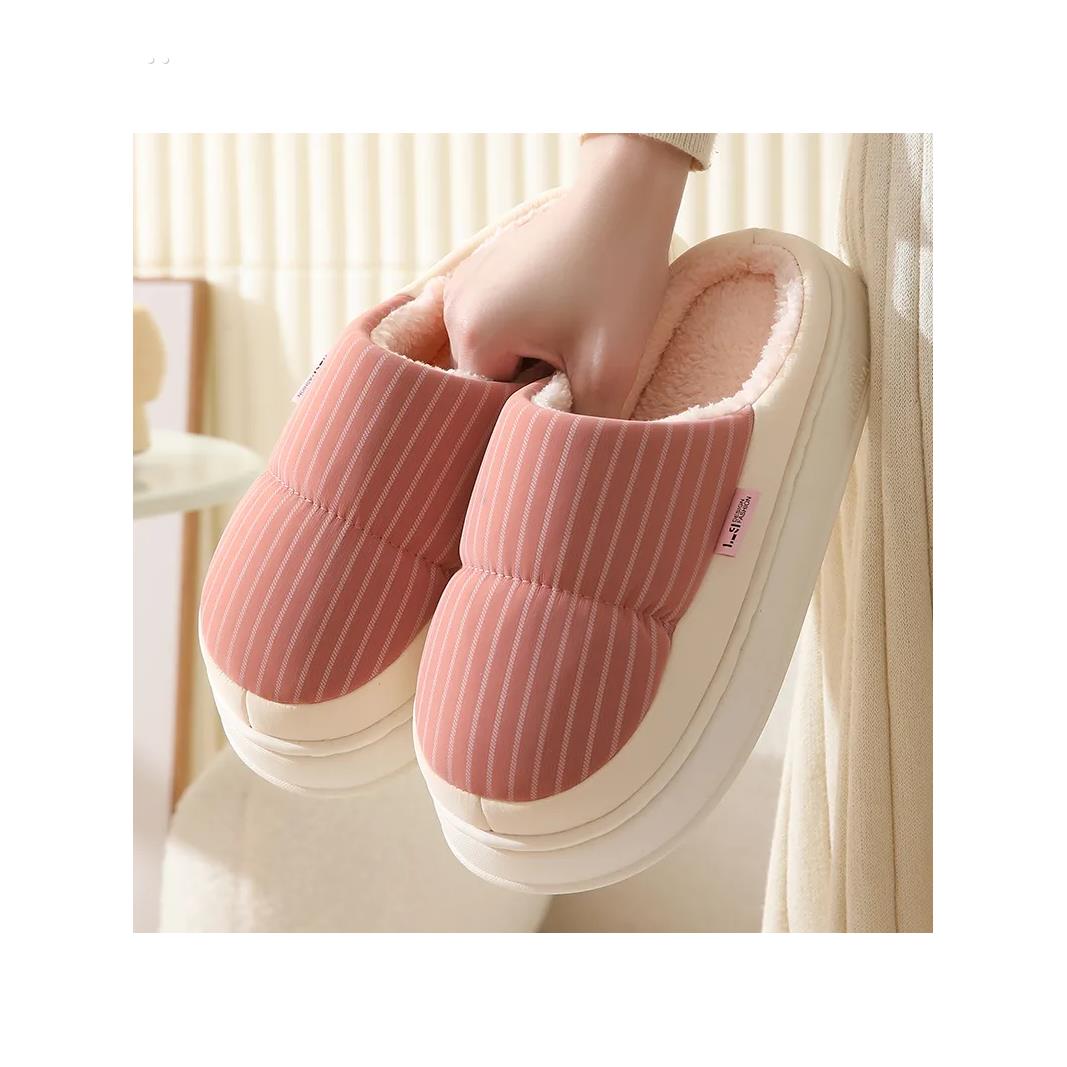 拖鞋秋冬新款PU皮革棉拖鞋女厚底防滑室内居家情侣防水加厚绒保暖