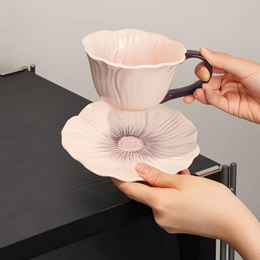 超美花朵咖啡杯碟套装家用陶瓷马克杯牛奶拿铁杯精致喝水小杯子
