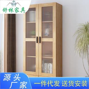 现代简约带玻璃门储物柜 实木书柜 置物架自由组合落地展示架