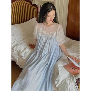 法式 长裙公主风睡衣可外穿 覆古仙女宫廷风睡裙女夏季 纯棉蕾丝短袖