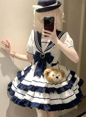 可爱夏日海军风绀色水蓝色青春元气少女JK蛋糕裙洋装连衣裙