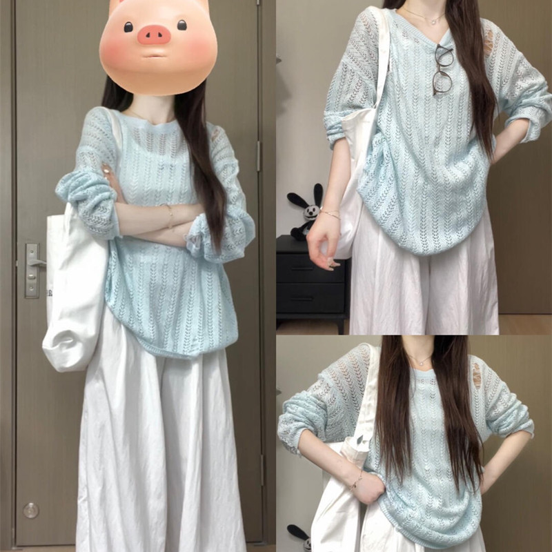 夏季薄款镂空破洞防晒罩衫宽松慵懒风时尚休闲圆领套头针织上衣女